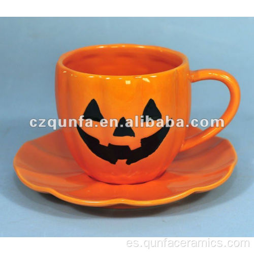 Taza y platillo de calabaza de cerámica decorativos con tema de Halloween